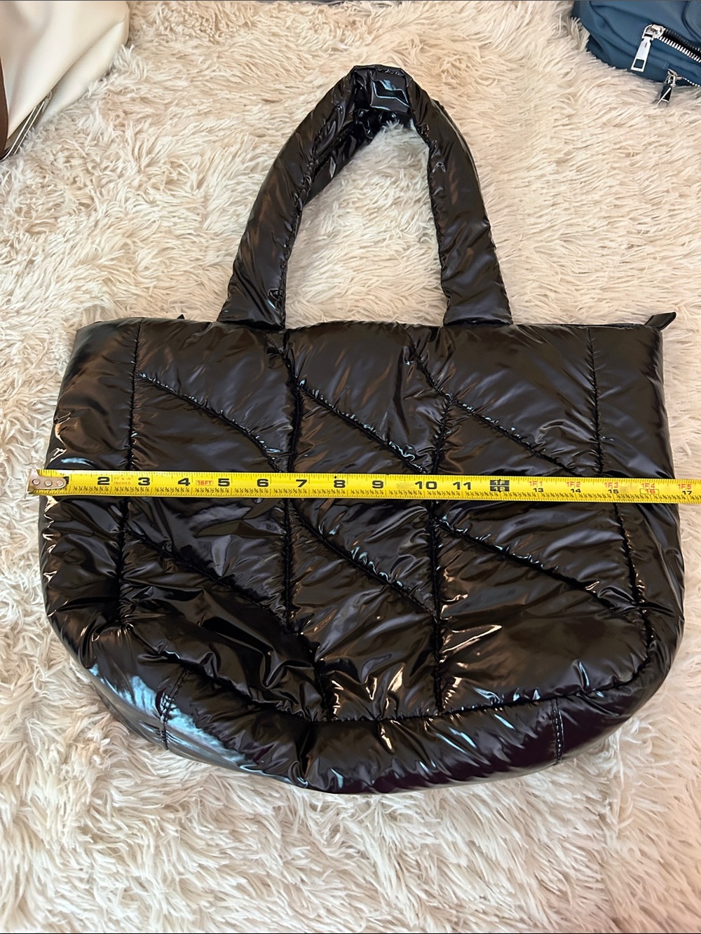 Vince Camuto Black Quilted Shiny Puffer Tote